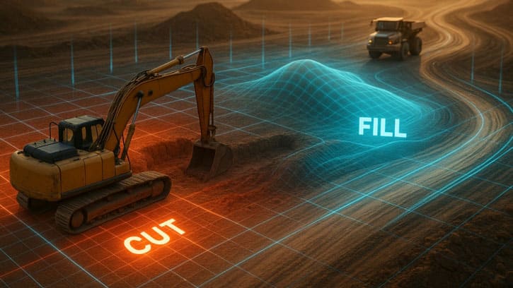 Excavator on a jobsite with a digital cut and fill overlay