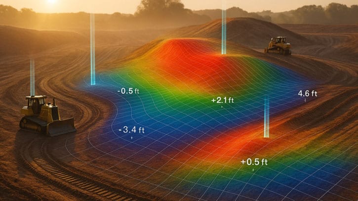 Elevation map showing cut and fill depths across a graded site